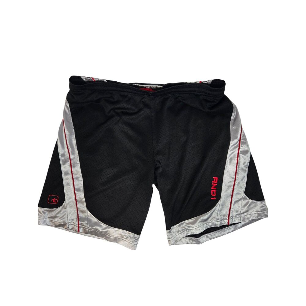 AND1 Dribble Logo Mesh Basketball Shorts | Men's Size XL | Black Silver Red